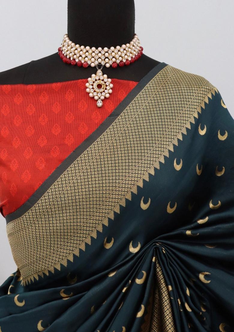 Dark Green Weaving Work Pure Silk Saree Set