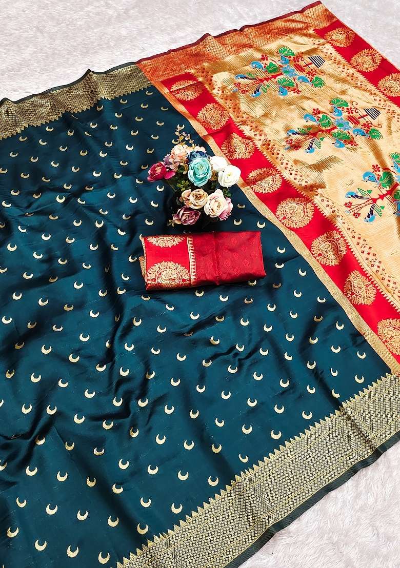 Dark Green Weaving Work Pure Silk Saree Set - Indya