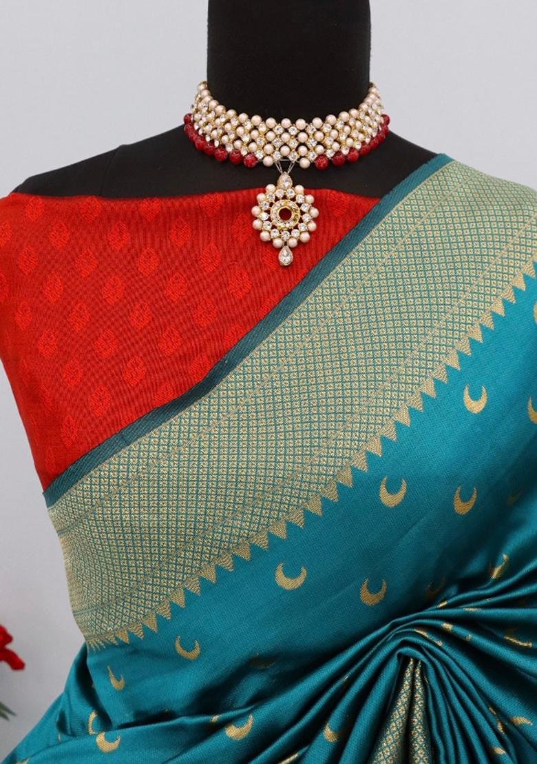 Rama Green Weaving Work Pure Silk Saree Set