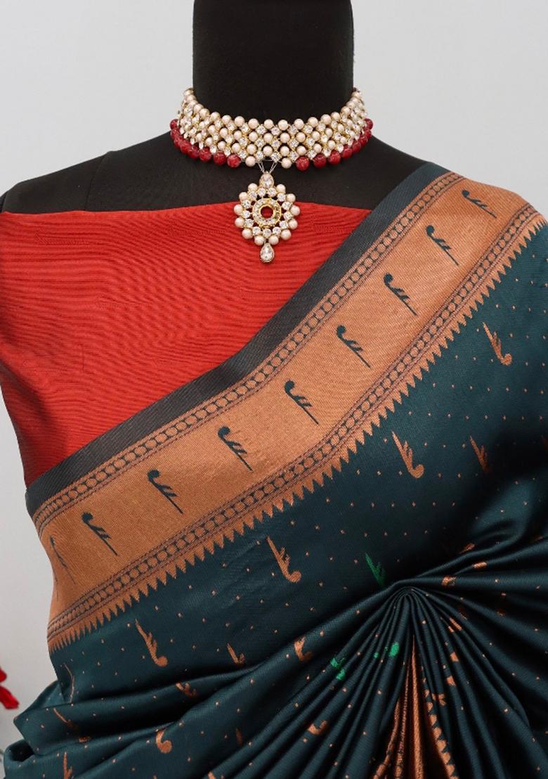 Green Weaving Work Pure Silk Saree Set