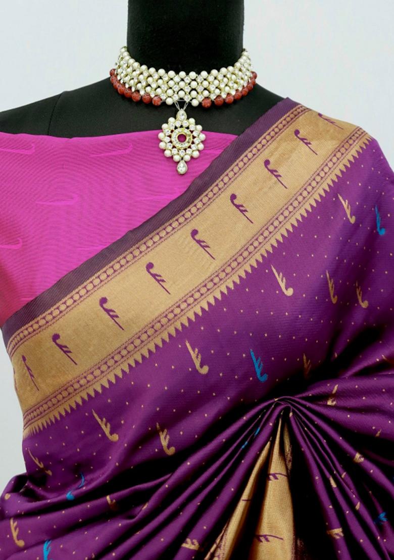 Purple Weaving Work Pure Silk Saree Set