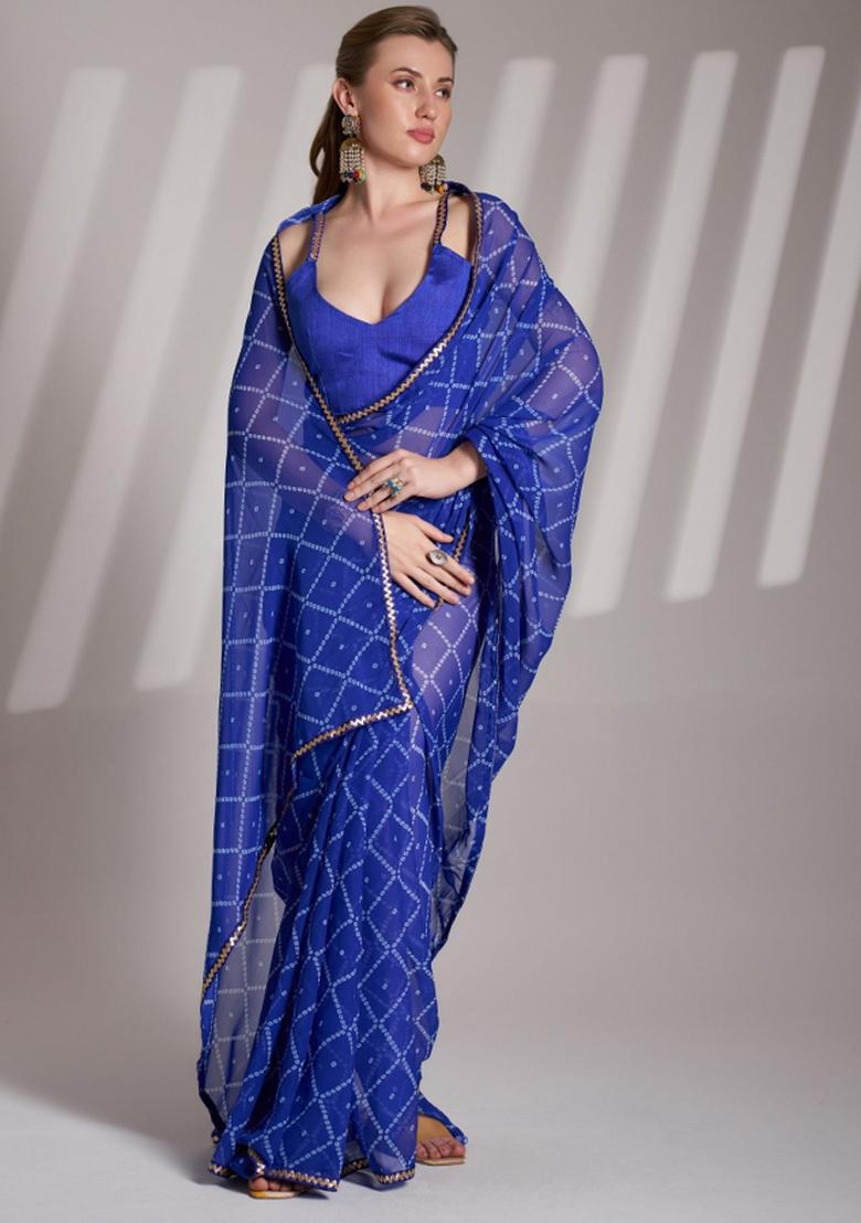 Blue Lace Border Georgette Saree Set