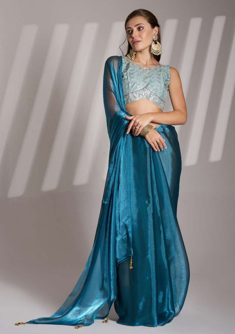 Teal Blue Lace Border Twill Net Saree Set - Indya