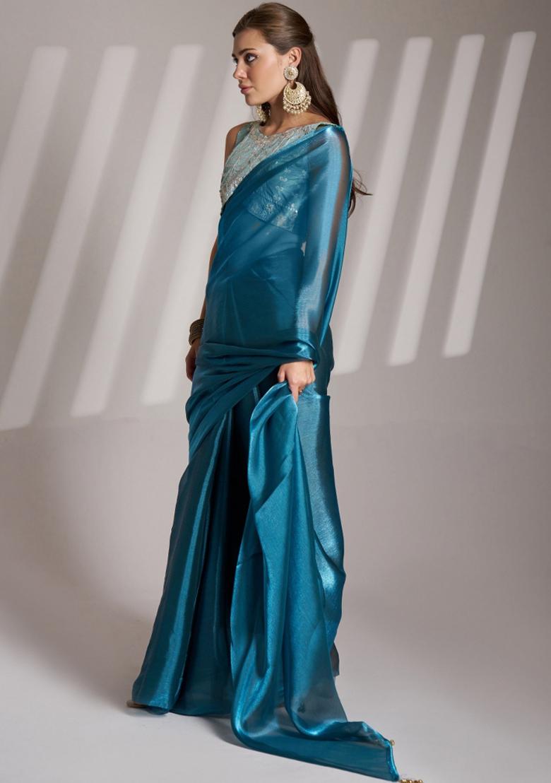 Teal Blue Lace Border Twill Net Saree Set