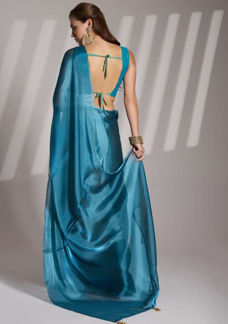 Teal Blue Lace Border Twill Net Saree Set - Indya
