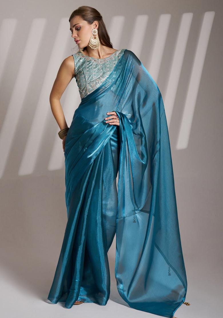 Teal Blue Lace Border Twill Net Saree Set
