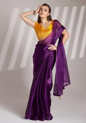 Purple Printed Burberry Organza Saree Set