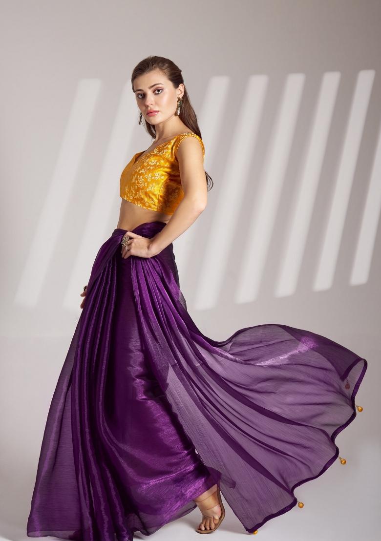 Purple Printed Burberry Organza Saree Set