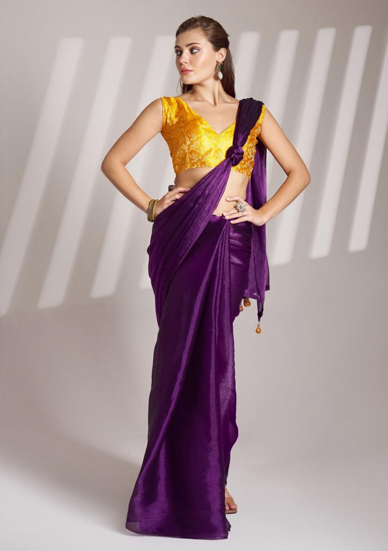 Purple Printed Burberry Organza Saree Set