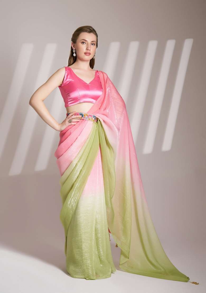 Pink And Green Printed Crunchy Chiffon Silk Saree Set - Indya