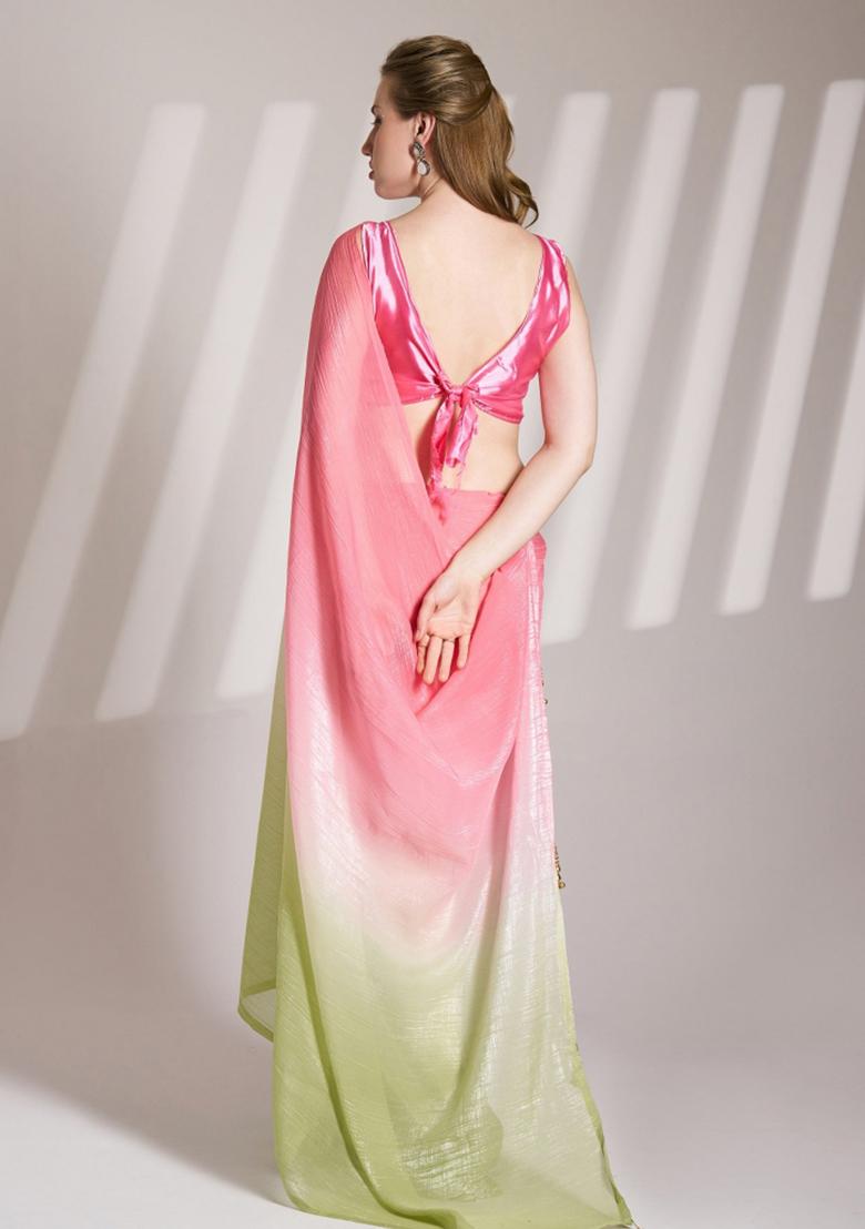 Pink And Green Printed Crunchy Chiffon Silk Saree Set