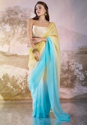 Yellow And Skyblue Printed Crunchy Chiffon Silk Saree Set
