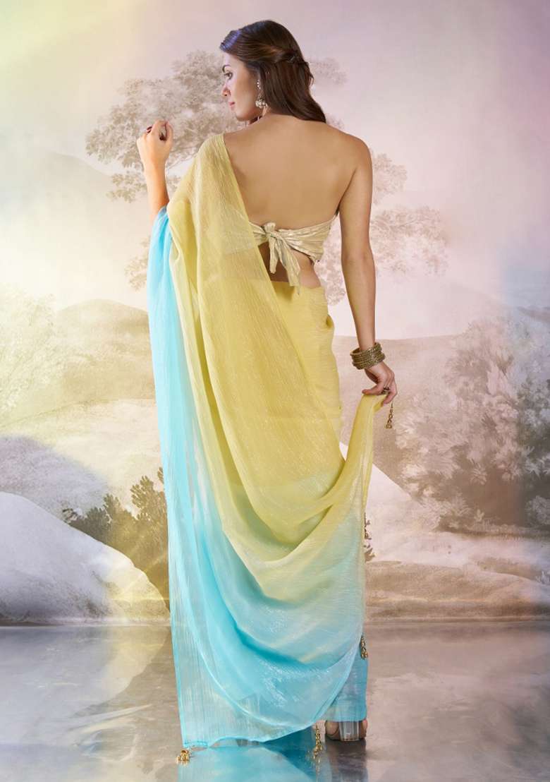 Yellow And Skyblue Printed Crunchy Chiffon Silk Saree Set - Indya