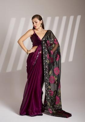 Wine And Black Printed Brasso Saree Set