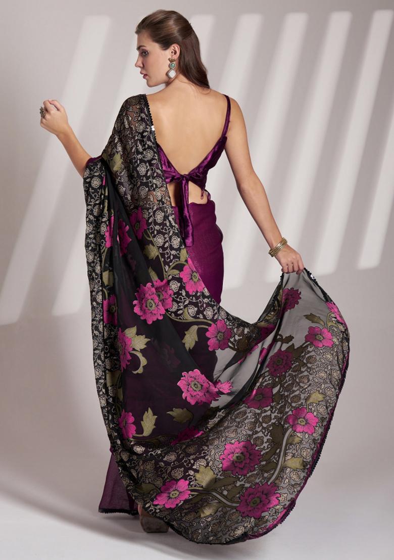 Wine And Black Printed Brasso Saree Set