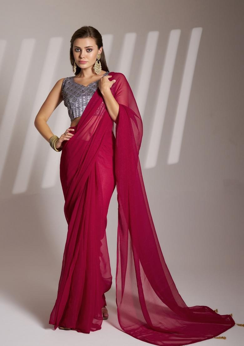 Red Printed Shimmer Saree Set
