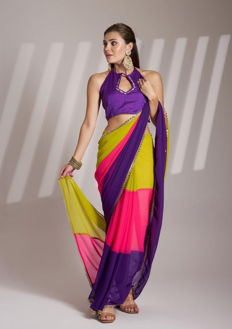 Multi Colour Sequence Chiffon Saree Set