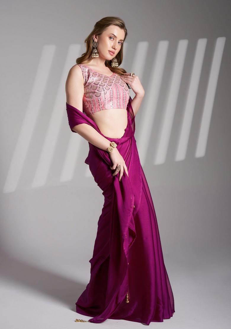 Wine Latkan Chiffon Saree Set