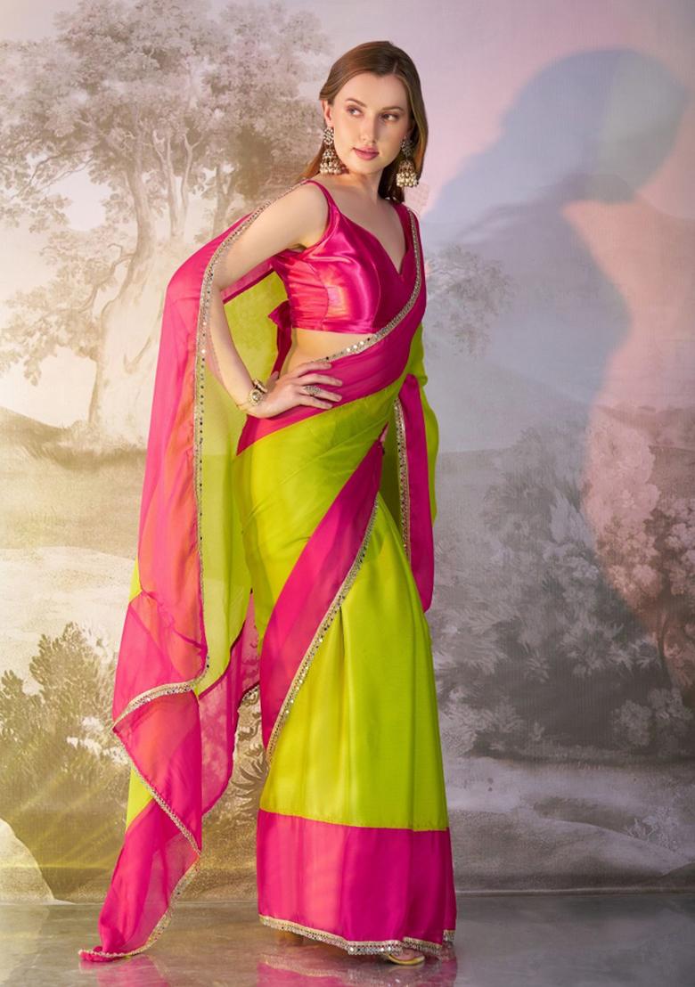 Parrot Green Sequence Chiffon Saree Set