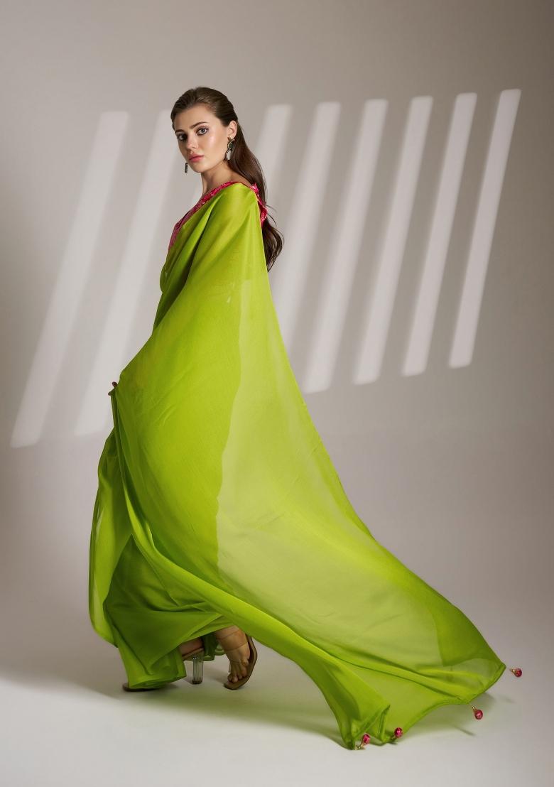 Parrot Green Latkan Chiffon Saree Set