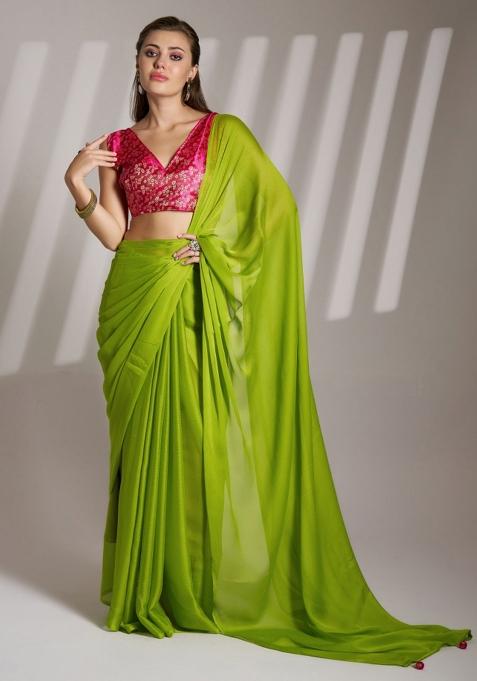 Parrot Green Latkan Chiffon Saree Set