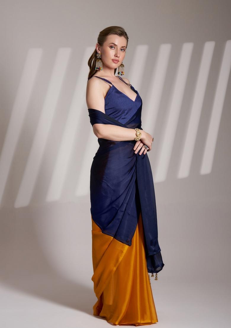 Blue And Yellow Lace Border Satin Rangoli Saree Set