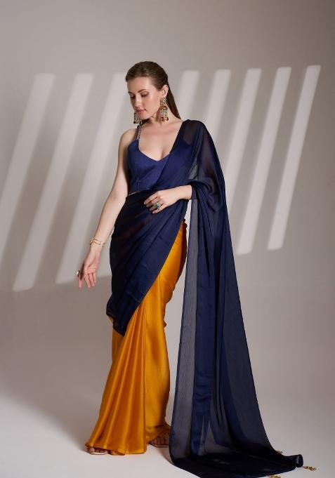 Blue And Yellow Lace Border Satin Rangoli Saree Set