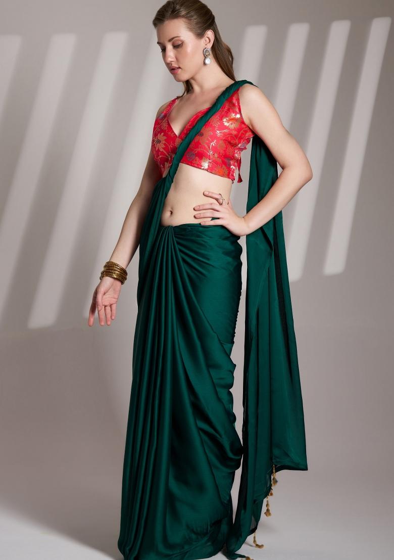 Dark Green Lace Border Satin Rangoli Saree Set