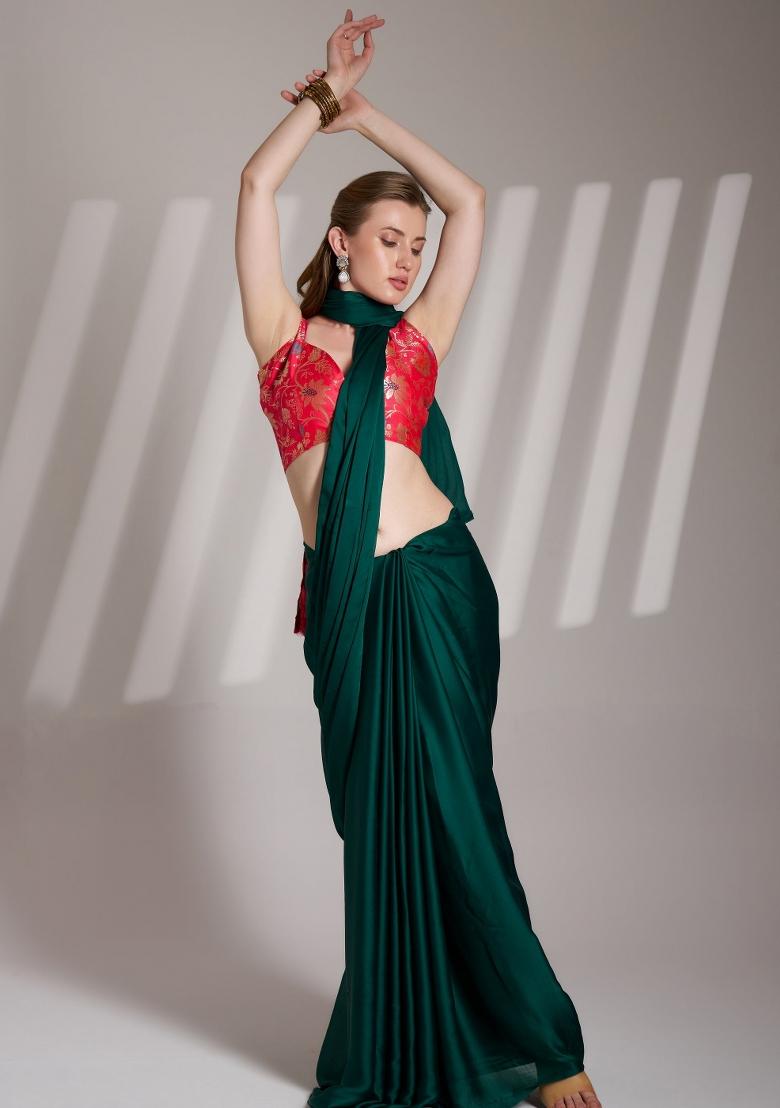 Dark Green Lace Border Satin Rangoli Saree Set