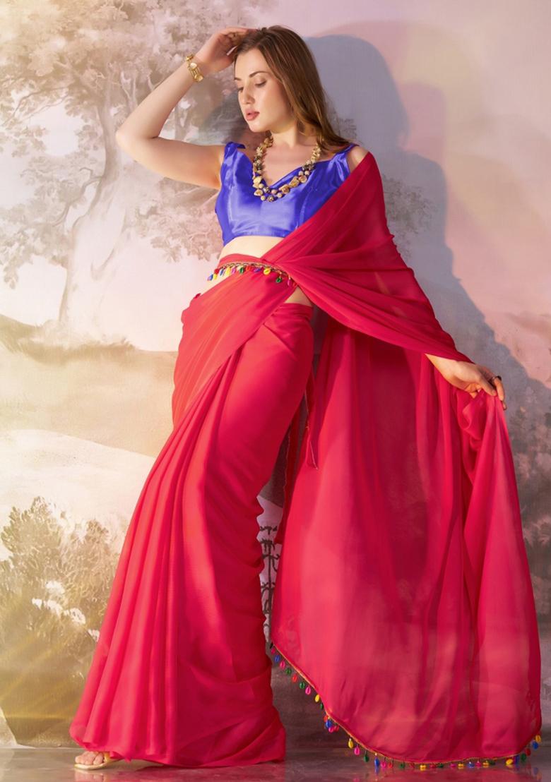 Red Lace Border Chiffon Saree Set