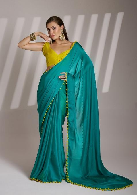 Teal Blue Lace Border Chiffon Saree Set