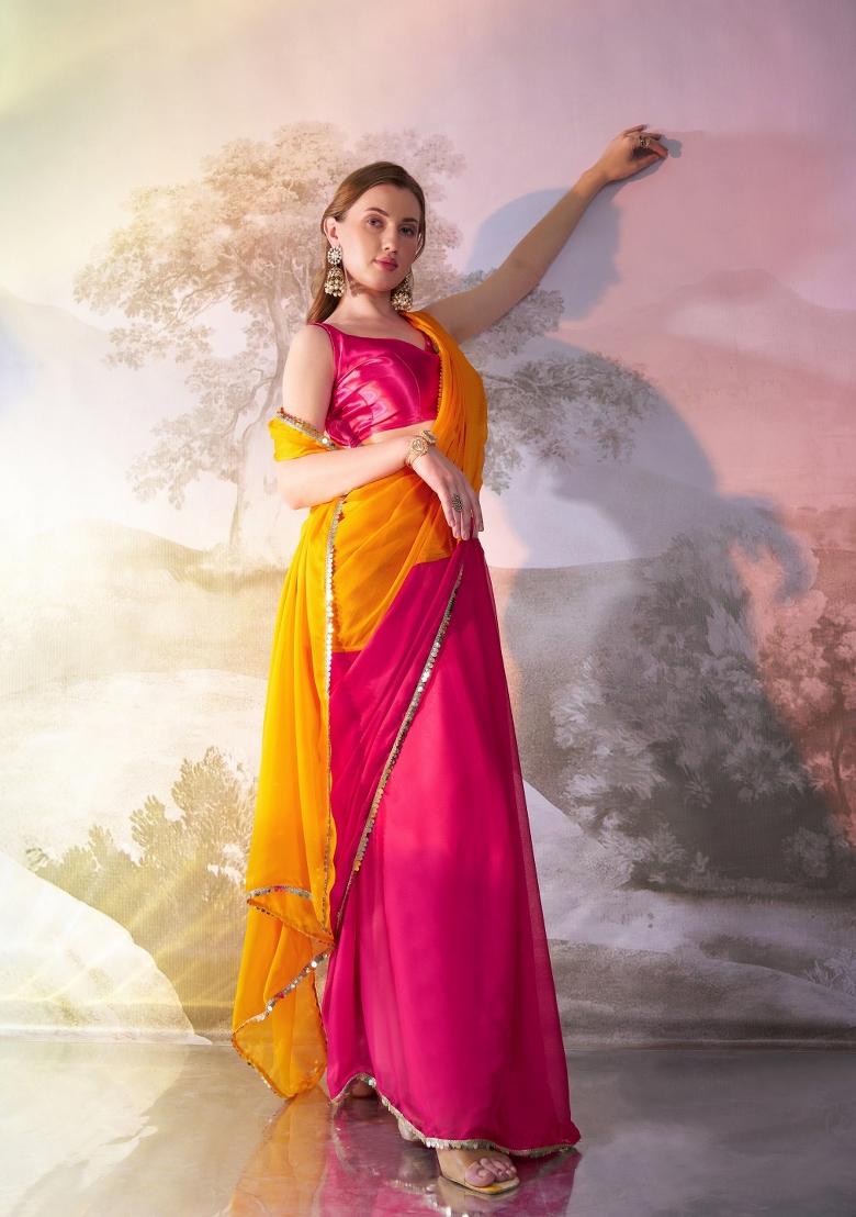 Yellow And Pink Lace Border Chiffon Saree Set