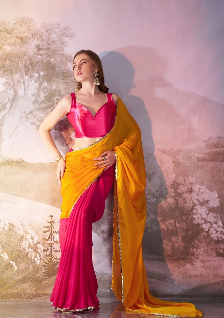 Yellow And Pink Lace Border Chiffon Saree Set