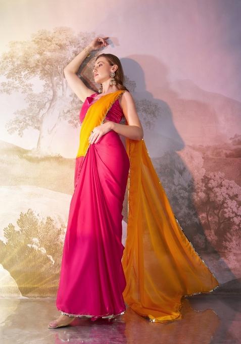 Yellow And Pink Lace Border Chiffon Saree Set