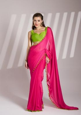Pink Lace Border Chiffon Saree Set