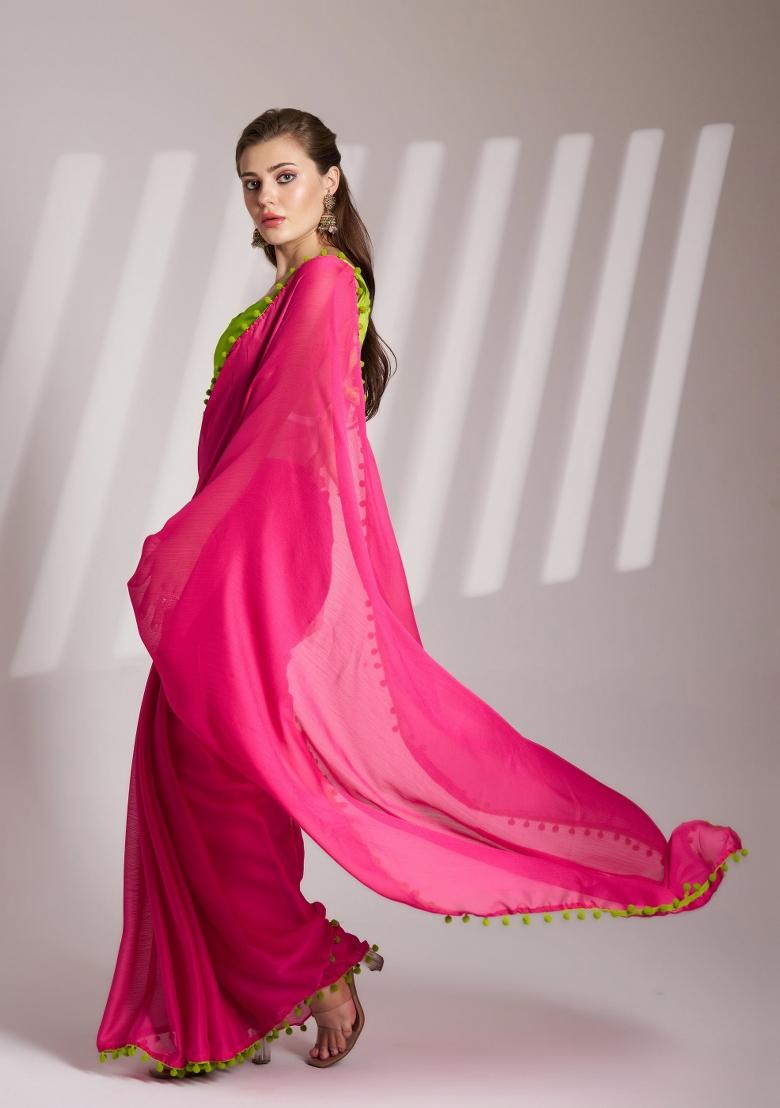 Pink Lace Border Chiffon Saree Set