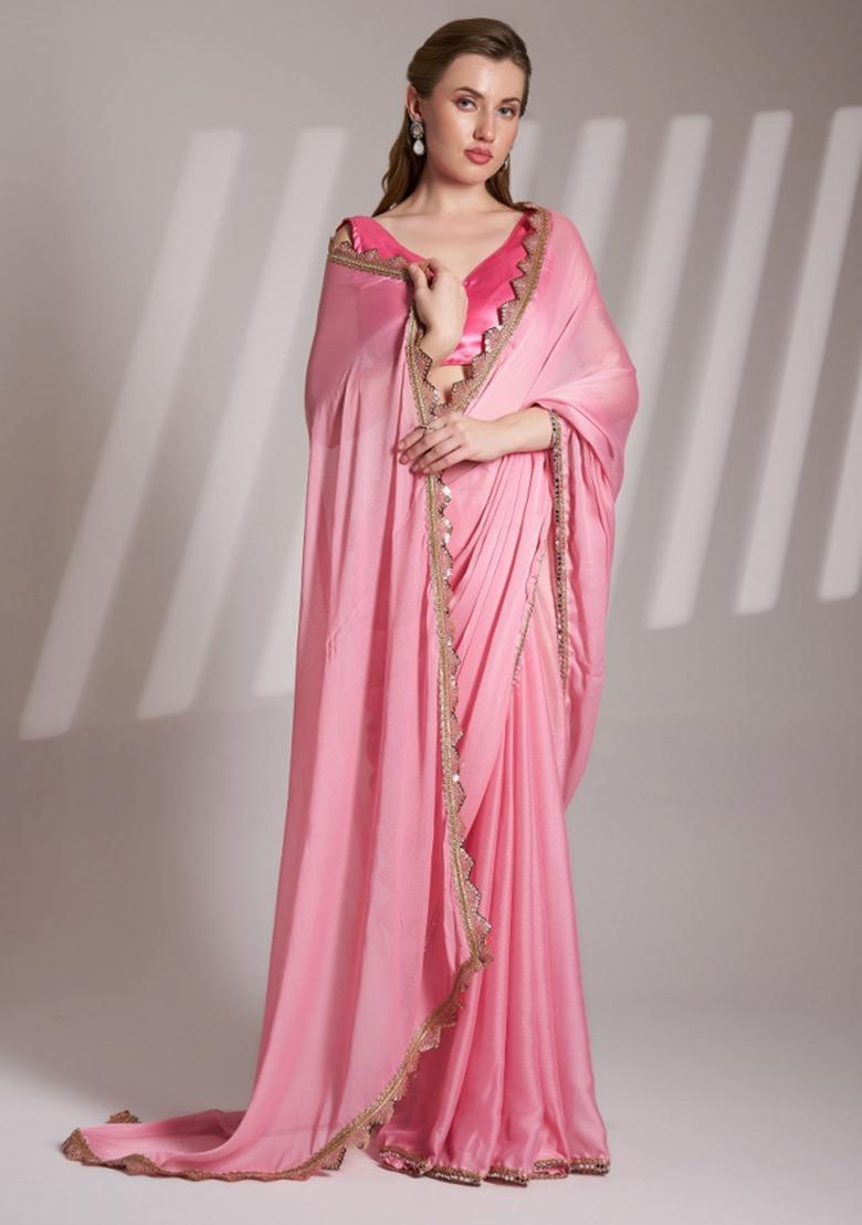 Baby Pink Lace Border Chiffon Saree Set