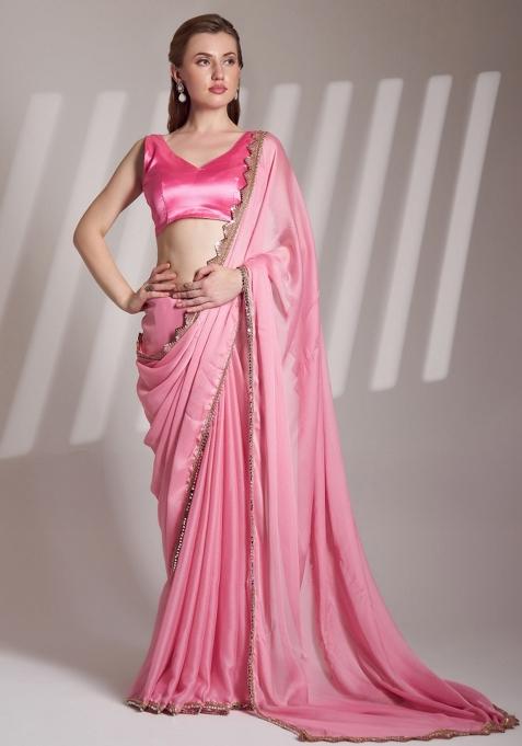 Baby Pink Lace Border Chiffon Saree Set