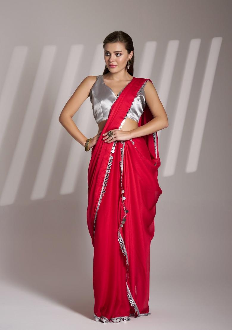 Red Lace Border Satin Rangoli Saree Set