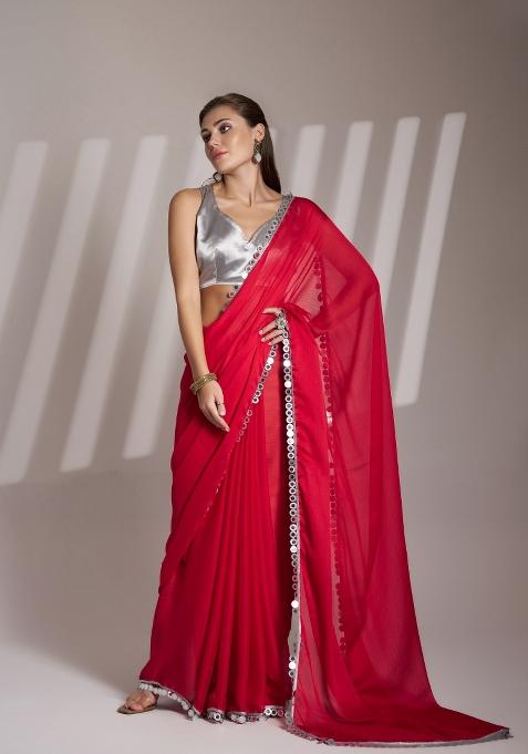 Red Lace Border Satin Rangoli Saree Set
