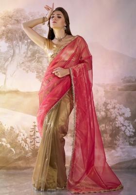 Coffee Brown And Red Sequence Twill Net Saree Set