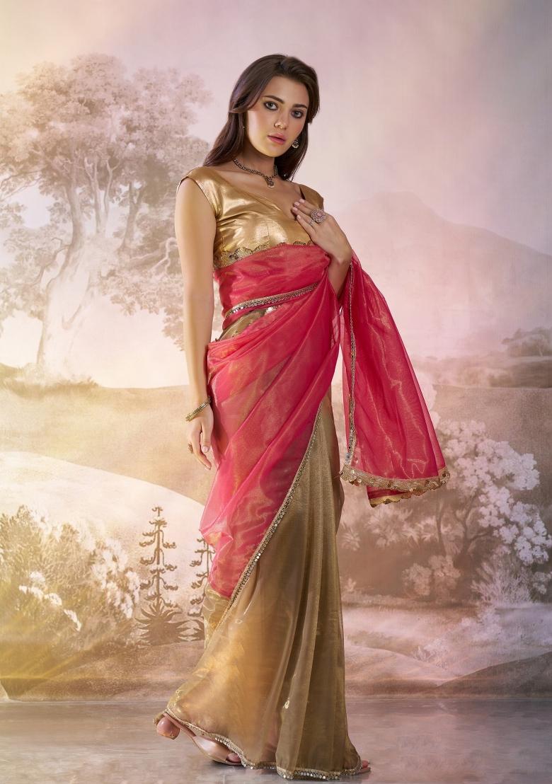 Coffee Brown And Red Sequence Twill Net Saree Set