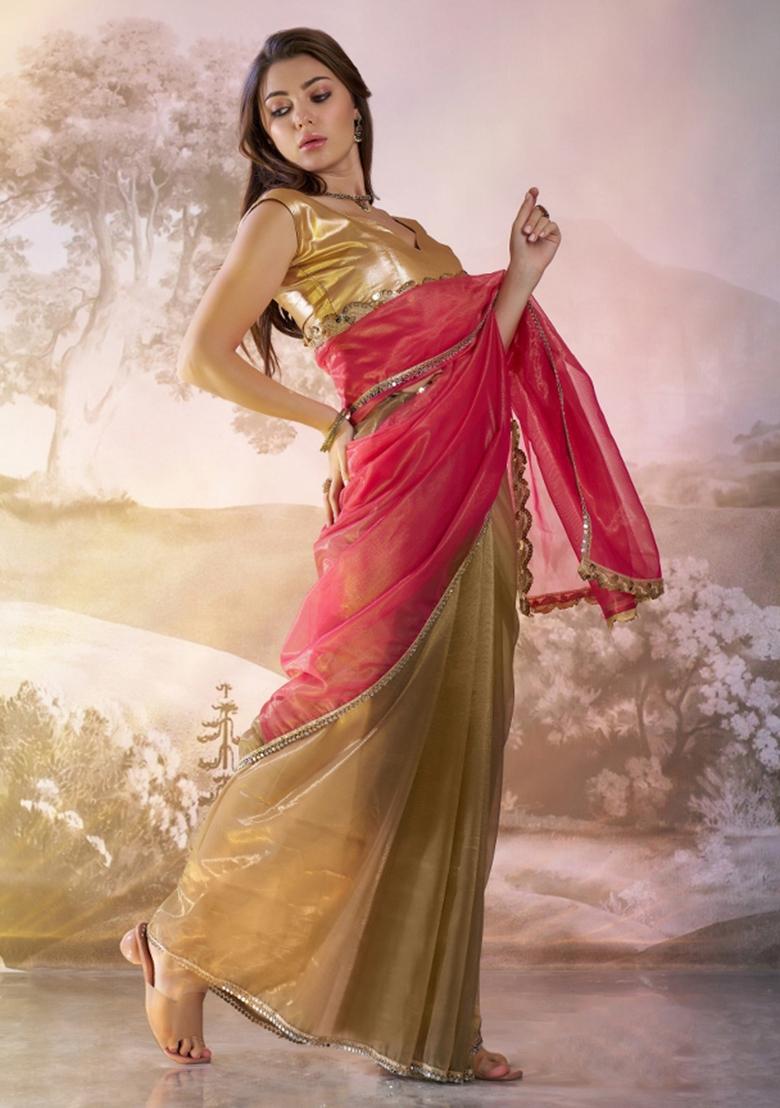 Coffee Brown And Red Sequence Twill Net Saree Set