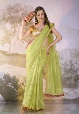 Parrot Green Sequence Twill Net Saree Set