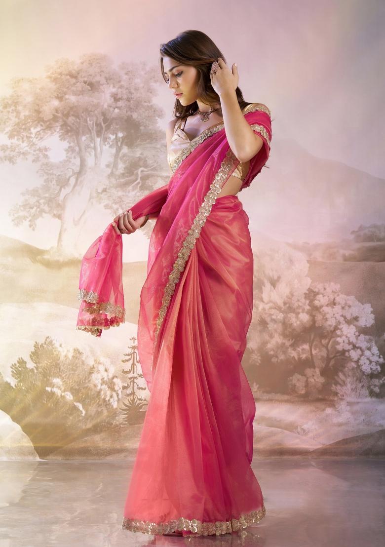 Pink Sequence Twill Net Saree Set