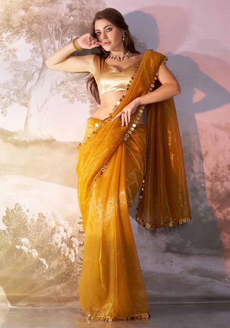 Yellow Sequence Twill Net Saree Set