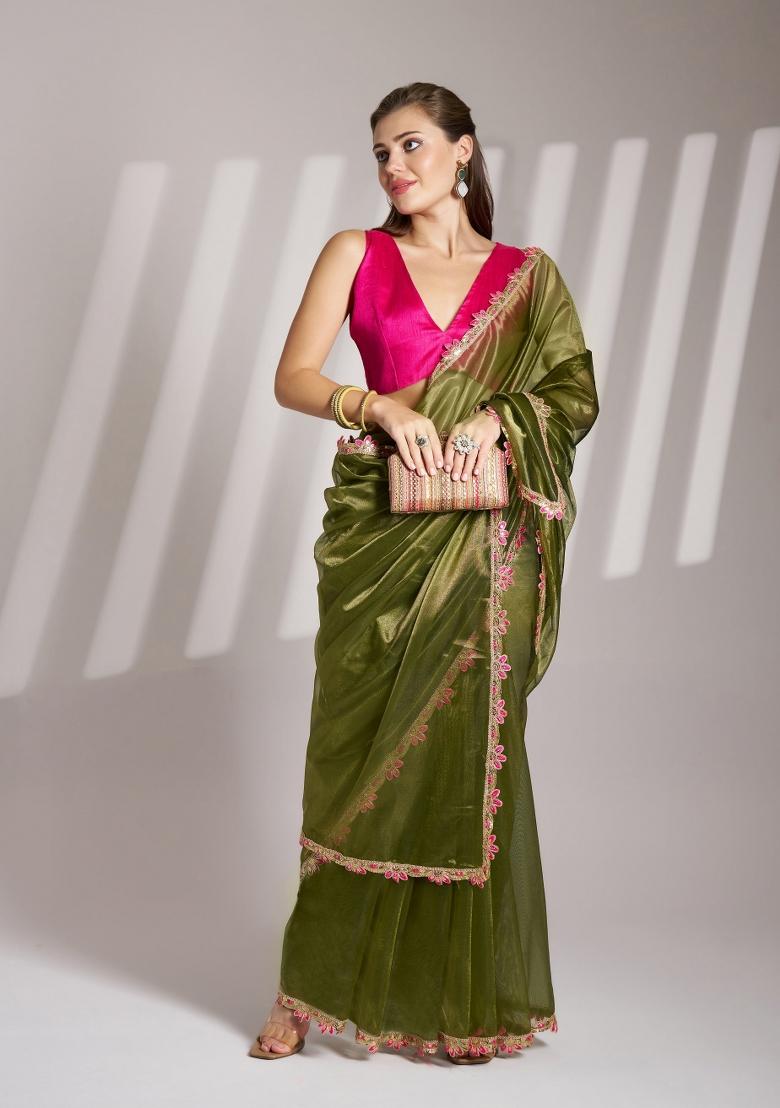Green Sequence Twill Net Saree Set