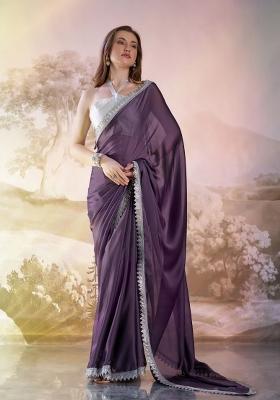 Purple Lace Border Satin Rangoli Saree Set