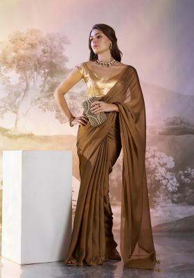 Coffee Brown Latkan Satin Rangoli Saree Set