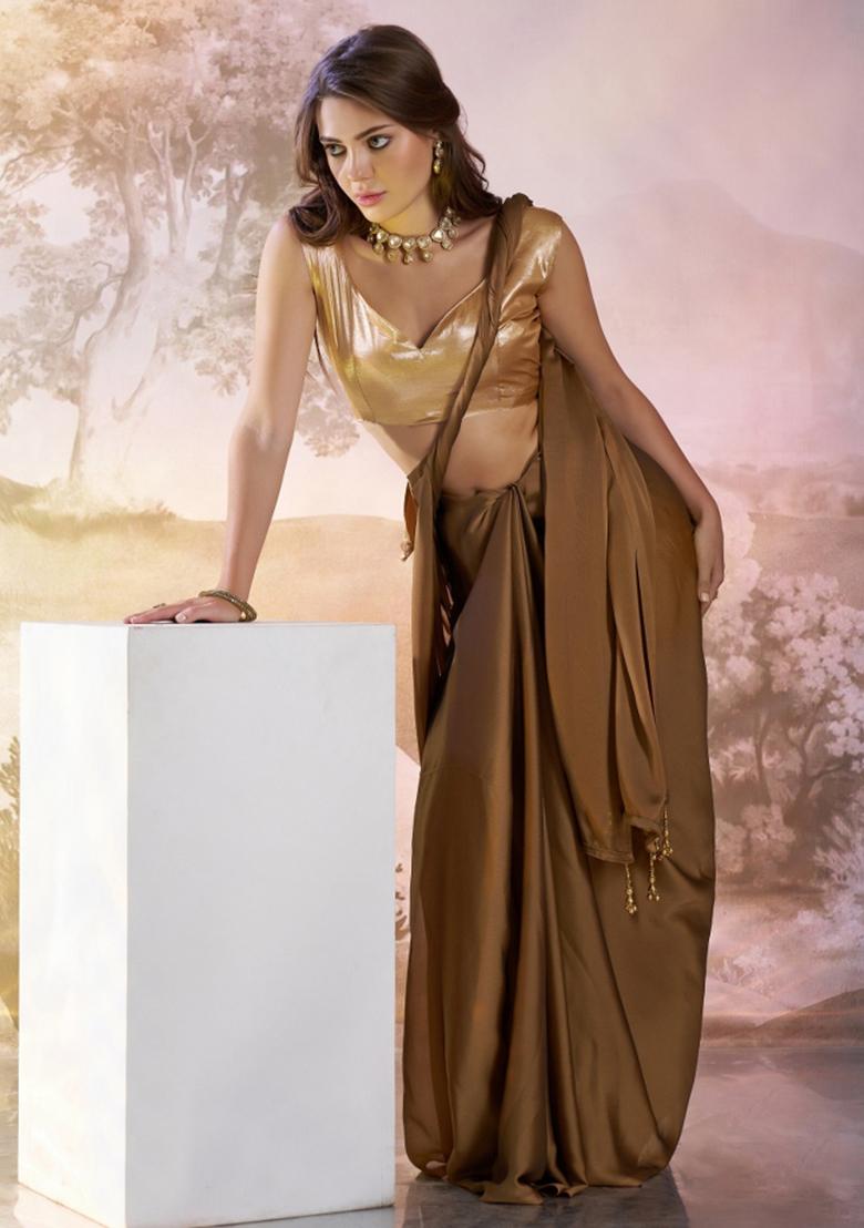 Coffee Brown Latkan Satin Rangoli Saree Set